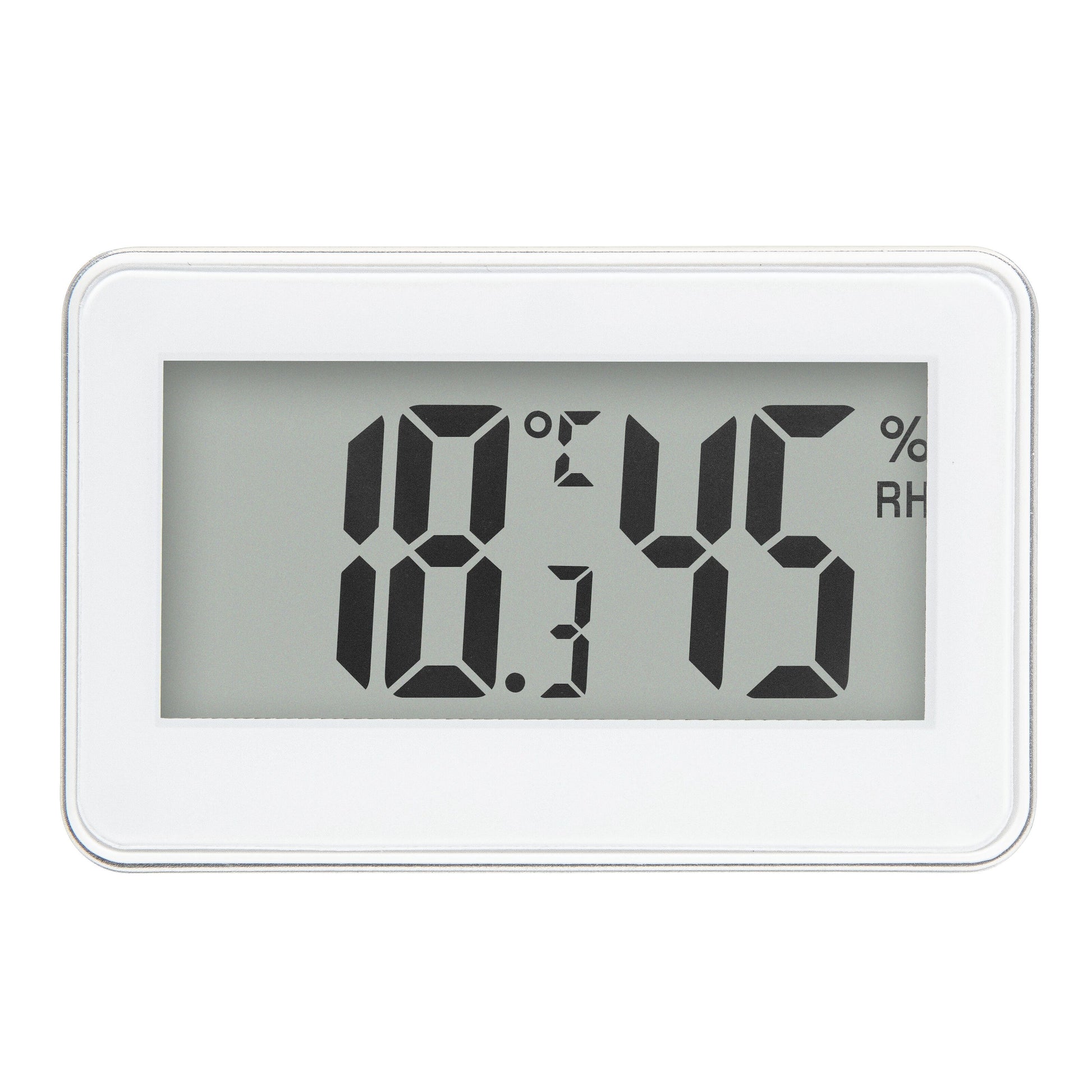 Digitalt termometer og hygrometer med stor LCD-skærm, viser 18,3°C og 45% luftfugtighed, hvid model.