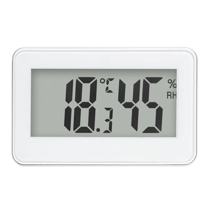Digitalt termometer og hygrometer med stor LCD-skærm, viser 18,3°C og 45% luftfugtighed, hvid model.