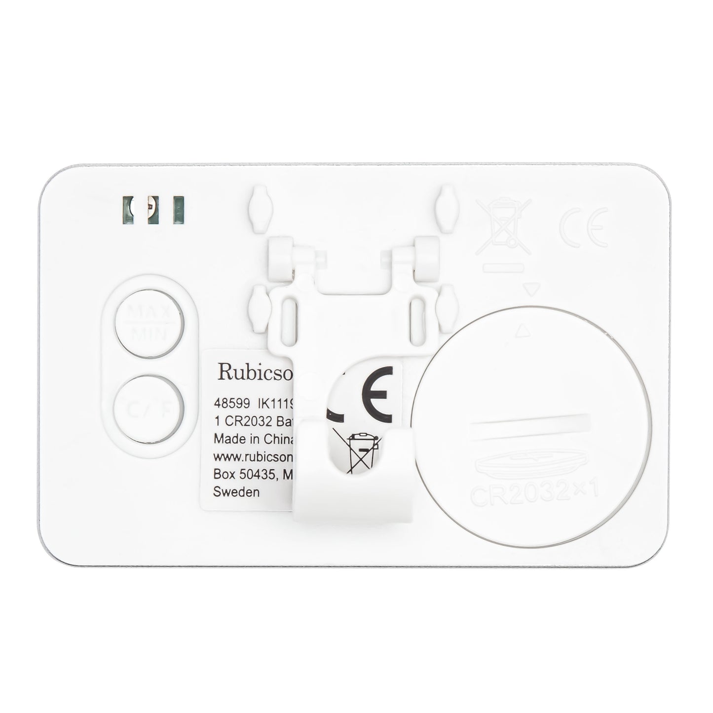 Bagside af hvidt Kompakt digitalt termometer & hygrometer, batterirum, to knapper, mærkater og regulatoriske symboler.