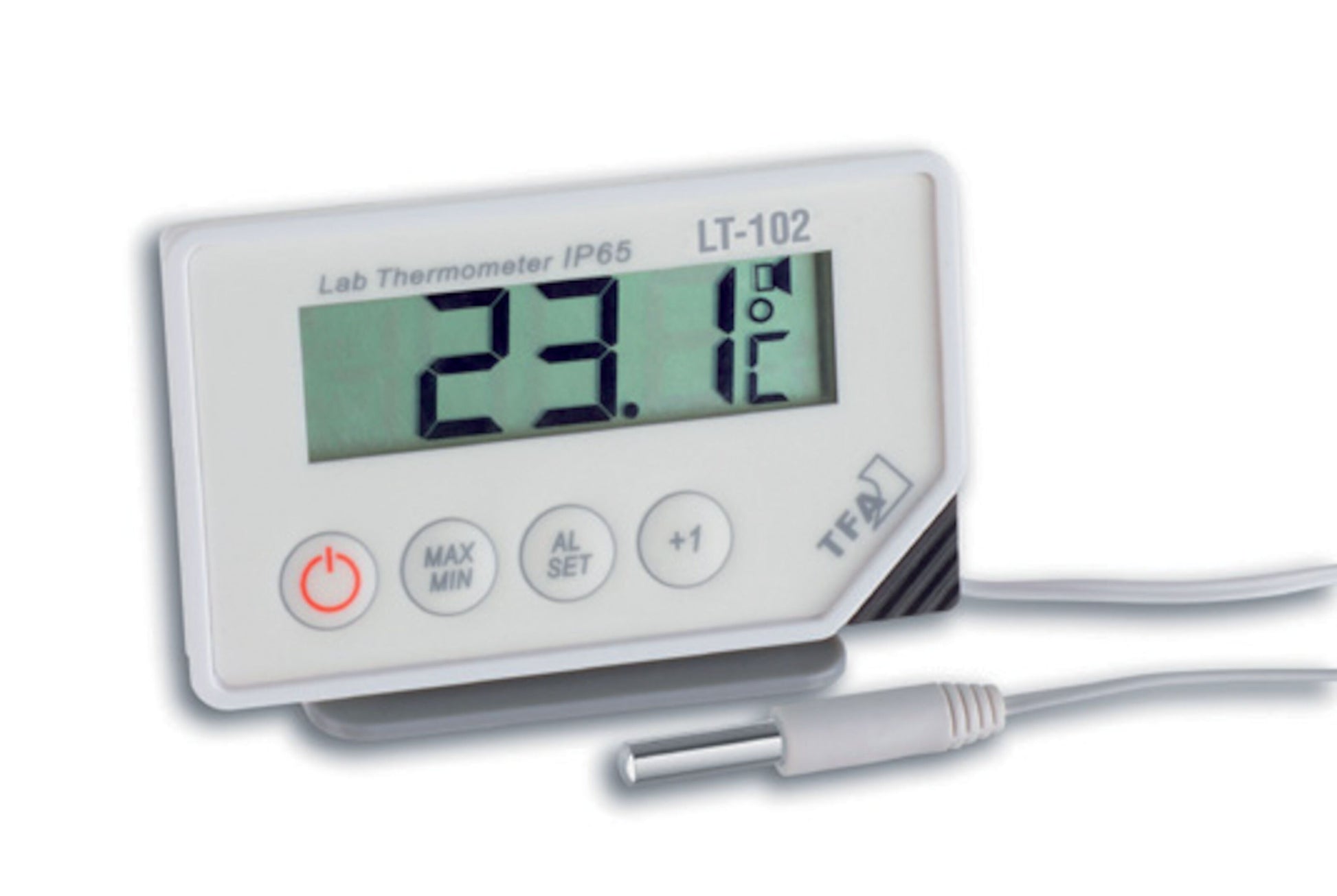 TFA LT-102 laboratorietermometer IP65 max/min-funktion justeringsknapper tilsluttet probe temperaturdisplay 23,1°C.