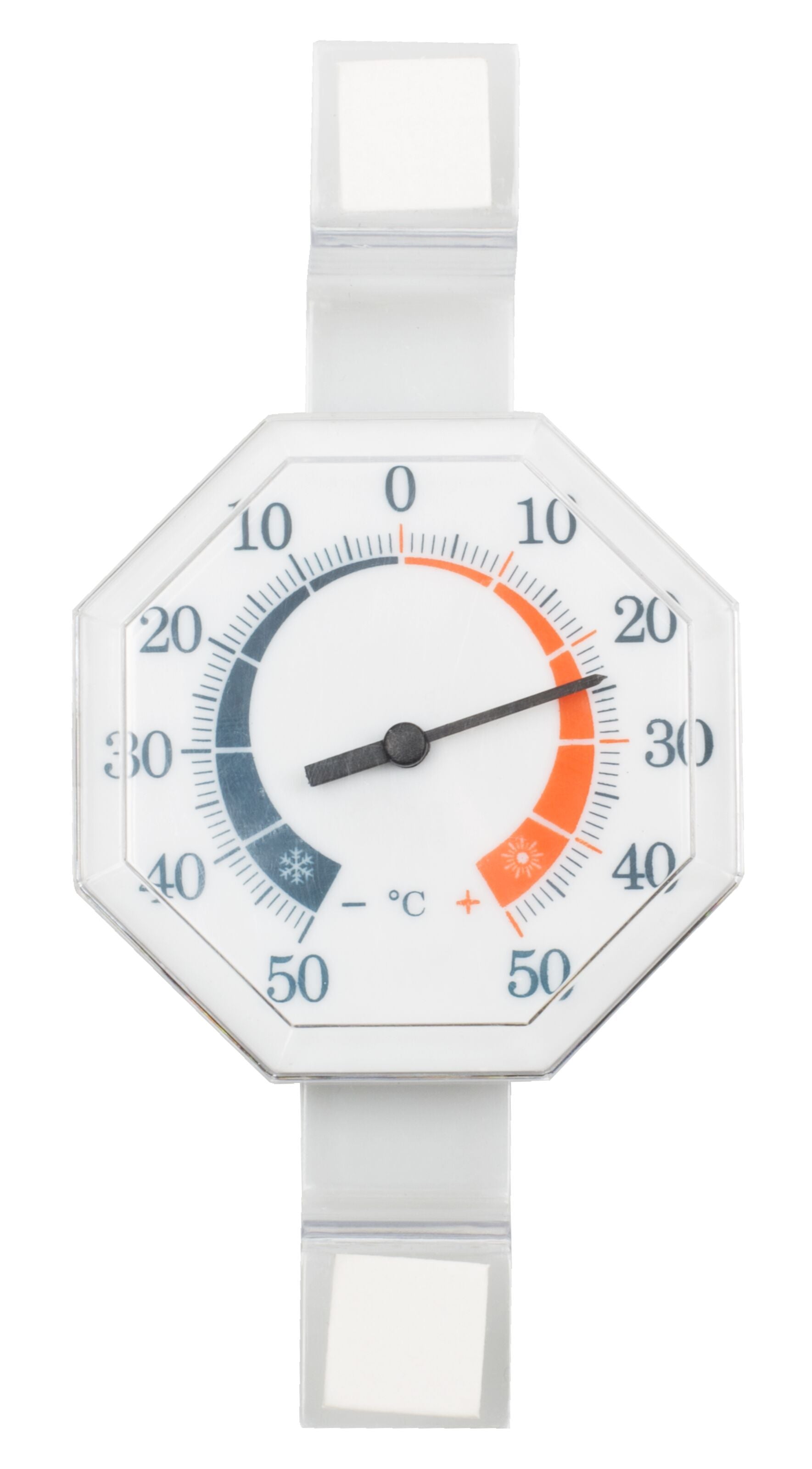 Octagon analog vinduesmåler i plast, viser 21°C, blå/rød temperaturskala, transparent beslag med hvid pude.