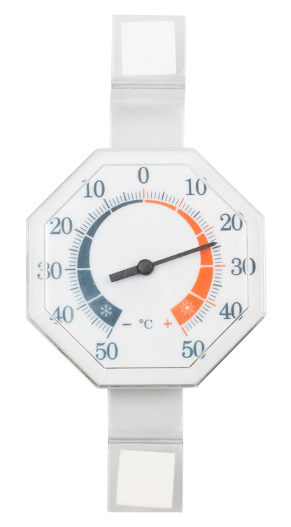 Octagon analog vinduesmåler i plast, viser 21°C, blå/rød temperaturskala, transparent beslag med hvid pude.