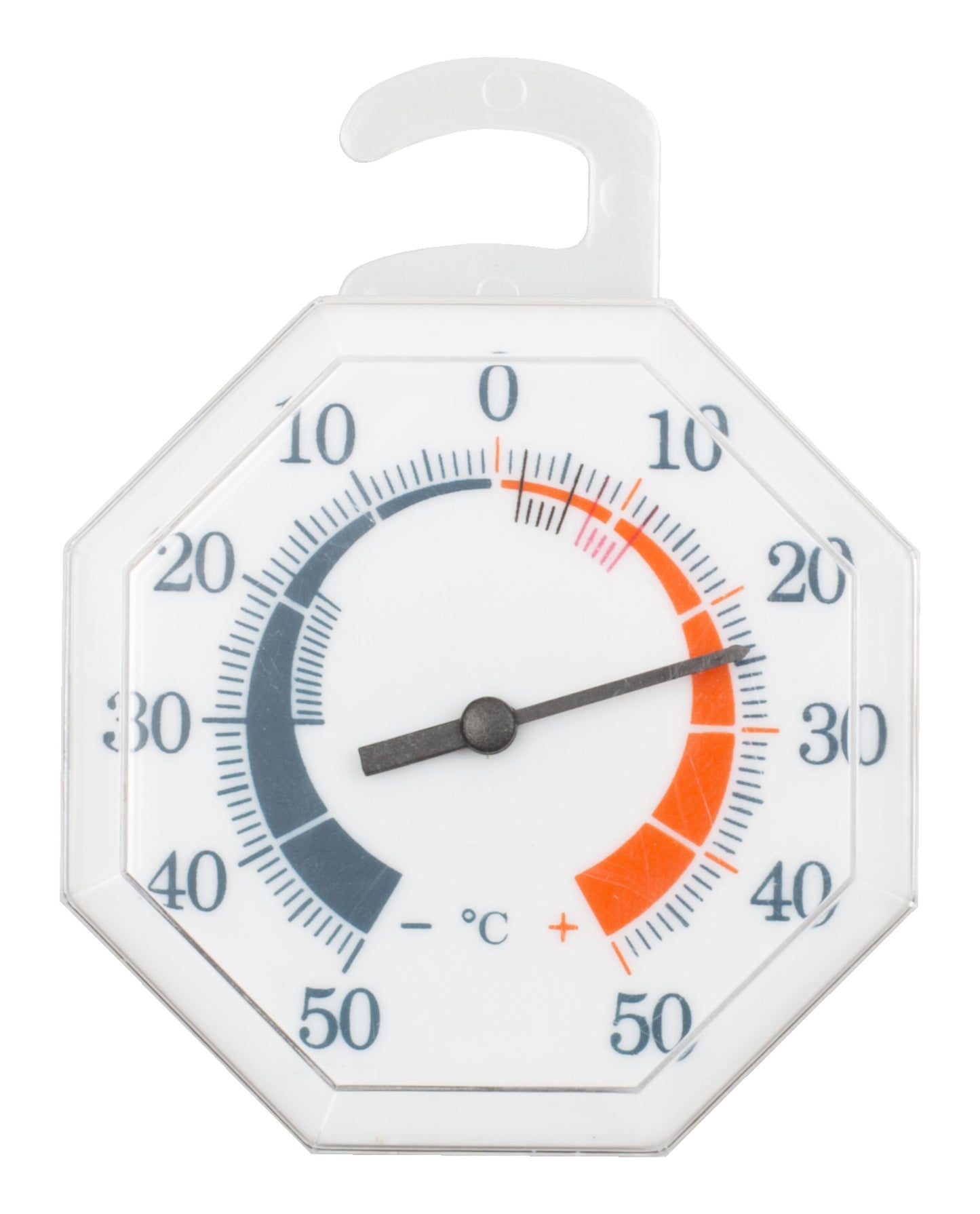Analogt frysetermometer med ottekantet design, hvid skive, sort/rød C-skala -50°C til 50°C, topkrog, viser ca. 0°C.