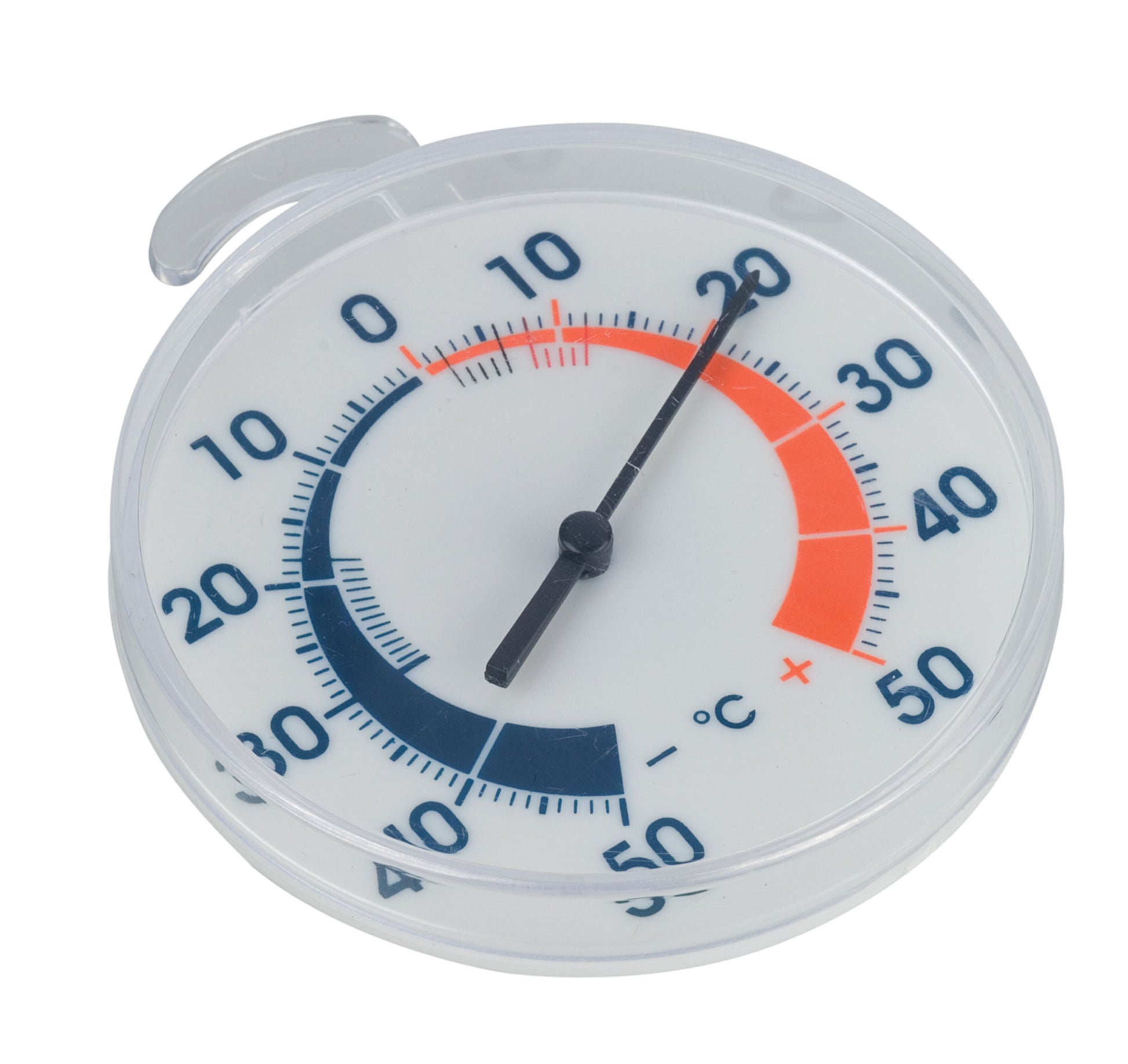 Termoviking analog frysetermometer, gennemsigtigt kabinet, krog, blå/røde markører, måleområde -50°C til 50°C.