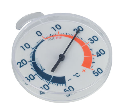 Termoviking analog frysetermometer, gennemsigtigt kabinet, krog, blå/røde markører, måleområde -50°C til 50°C.