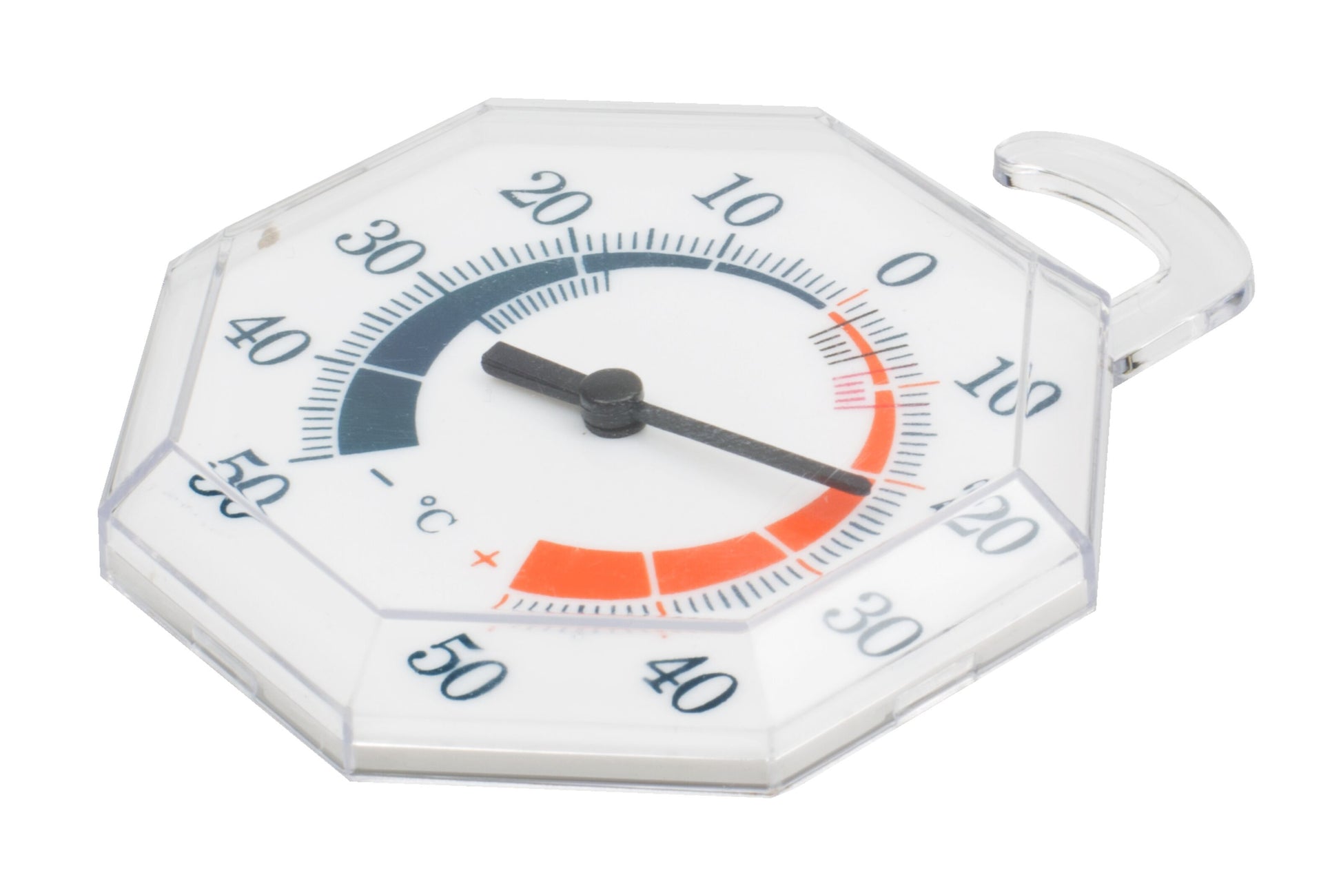 Termoviking Analogt frysetermometer med ottekantet design, gennemsigtig plast, Celsius/Fahrenheit, viser 18°C.