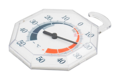 Termoviking Analogt frysetermometer med ottekantet design, gennemsigtig plast, Celsius/Fahrenheit, viser 18°C.