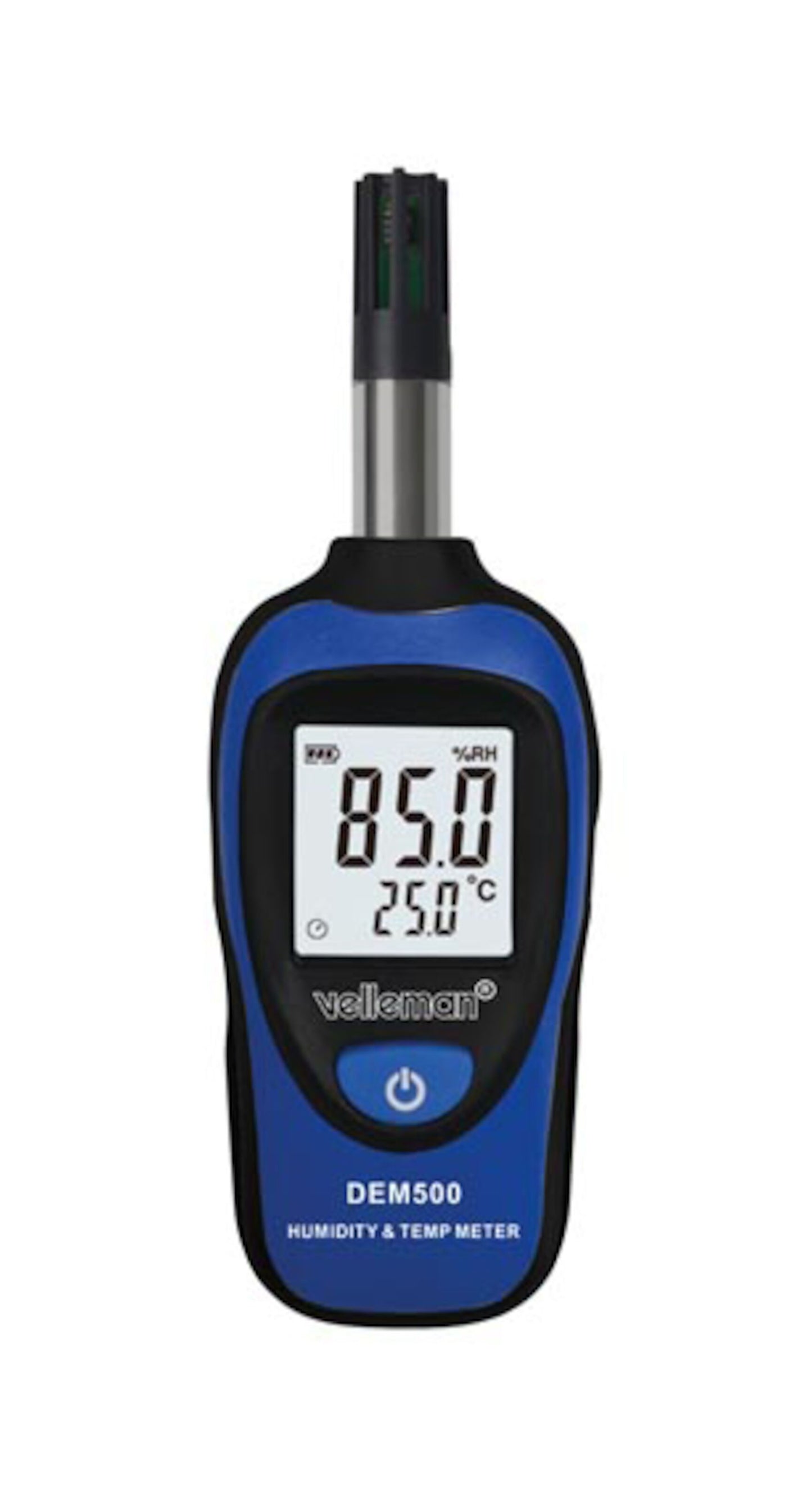 Velleman termometer og hygrometer med blå og sort kabinet viser 85,0 luftfugtighed og 25,0°C på displayet.