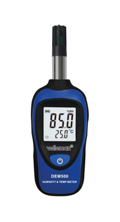 Velleman termometer og hygrometer med blå og sort kabinet viser 85,0 luftfugtighed og 25,0°C på displayet.