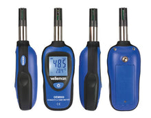 Velleman termometer og hygrometer blå/sort, vises forfra, fra begge sider og bagpå, håndholdt til temperatur og luftfugtighed.