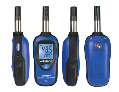 Velleman termometer og hygrometer blå/sort, vises forfra, fra begge sider og bagpå, håndholdt til temperatur og luftfugtighed.