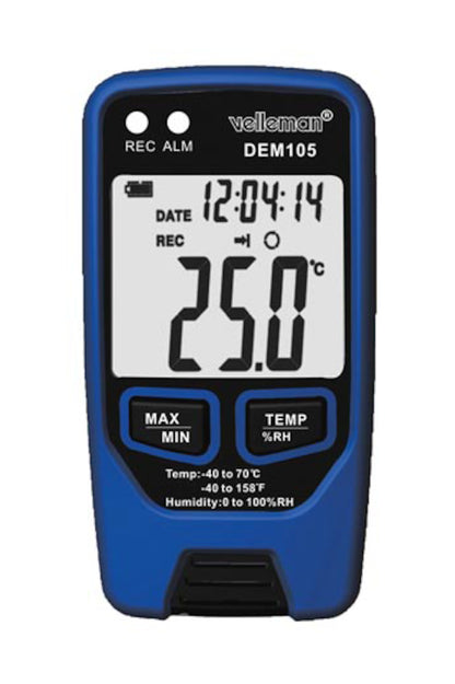 Datalogger Pro til temperatur og fugtighed, blåt kabinet, LCD viser 25.0°C kl. 12:04:14, MAX/MIN og TEMP/RH knapper.