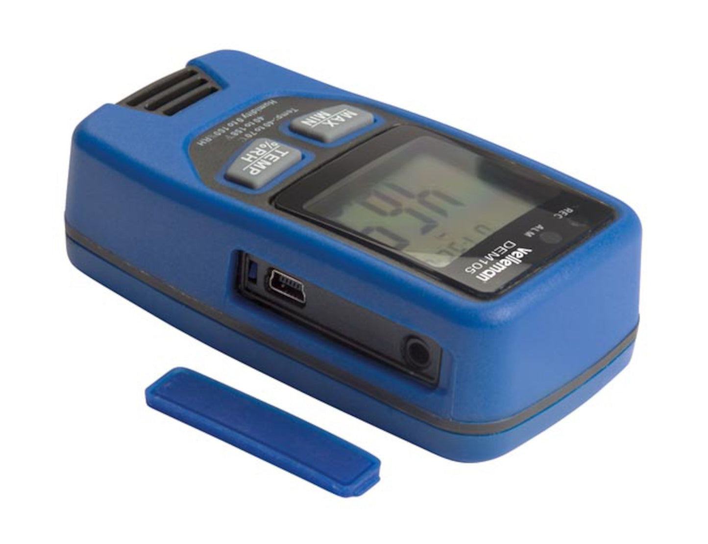 Velleman Datalogger Pro blå datalogger med LCD-skærm, START/STOP- og EVENT MARK-knapper, USB-port med hætte.