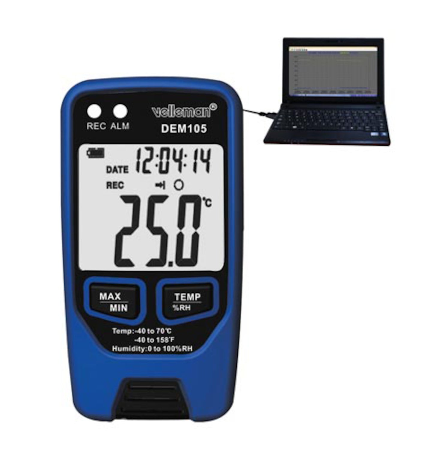 Velleman Datalogger Pro måler temperatur og luftfugtighed, viser 25,0°C, tid, dato og status, USB-tilslutning til laptop.