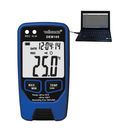Velleman Datalogger Pro måler temperatur og luftfugtighed, viser 25,0°C, tid, dato og status, USB-tilslutning til laptop.