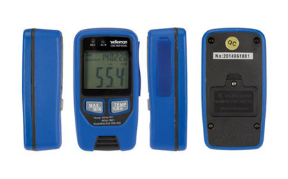 Velleman Datalogger Pro blå til temperatur og fugt, display viser 55.4, serienummer sticker bagpå, set fra flere vinkler.
