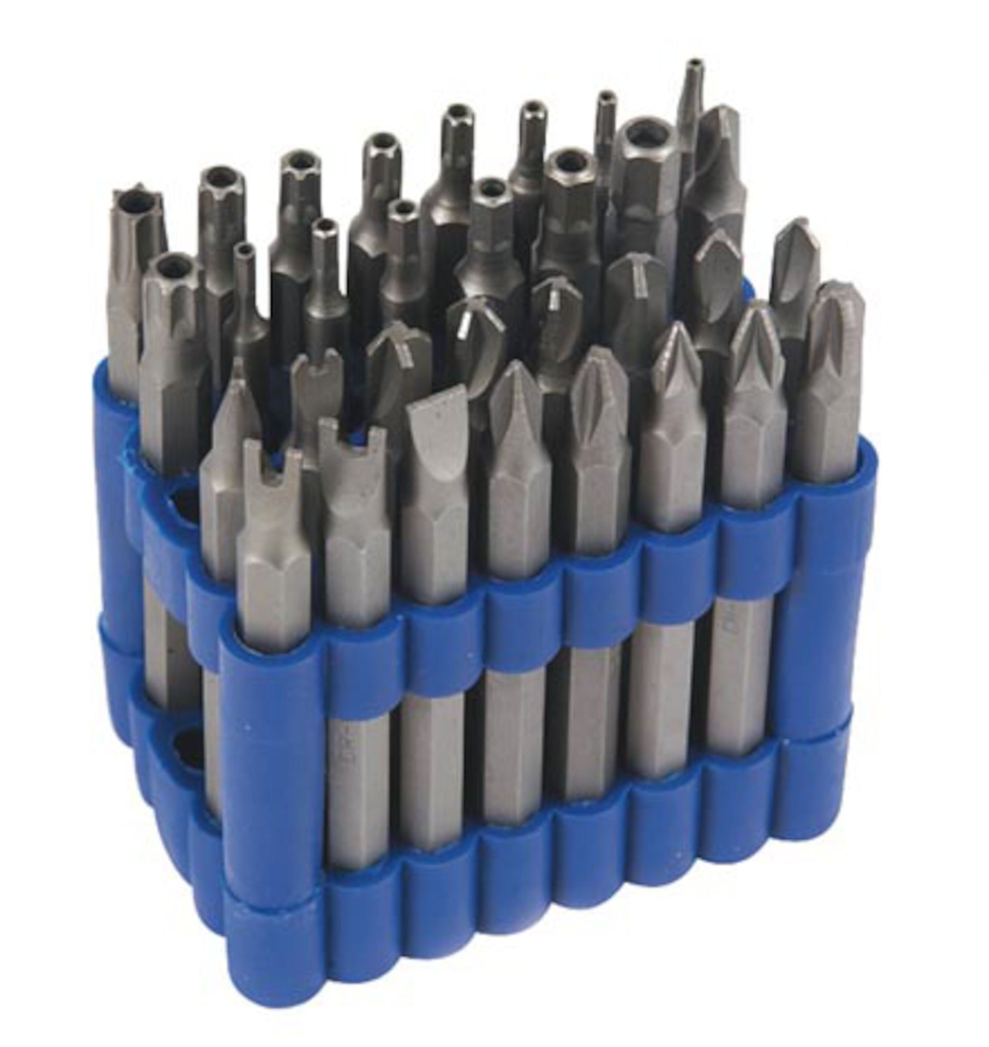 Sikkerhedsbits 32 dele i blå plast holder med metalbits i forskellige størrelser inkl. 75 mm til skruemaskine og boremaskine.