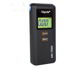 Dignita AM 7000 alkometer med mundstykke, display med 0,00, START- og MEMORY-knapper under skærmen.