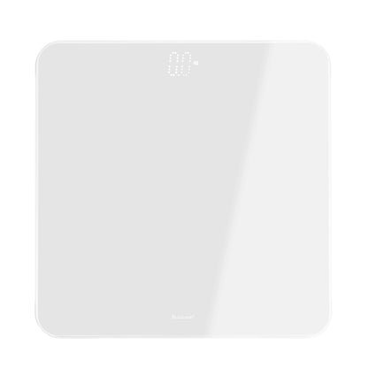Rubicson Digital personvægt hvid, firkantet med afrundede hjørner, blank overflade og LED-display øverst i midten.