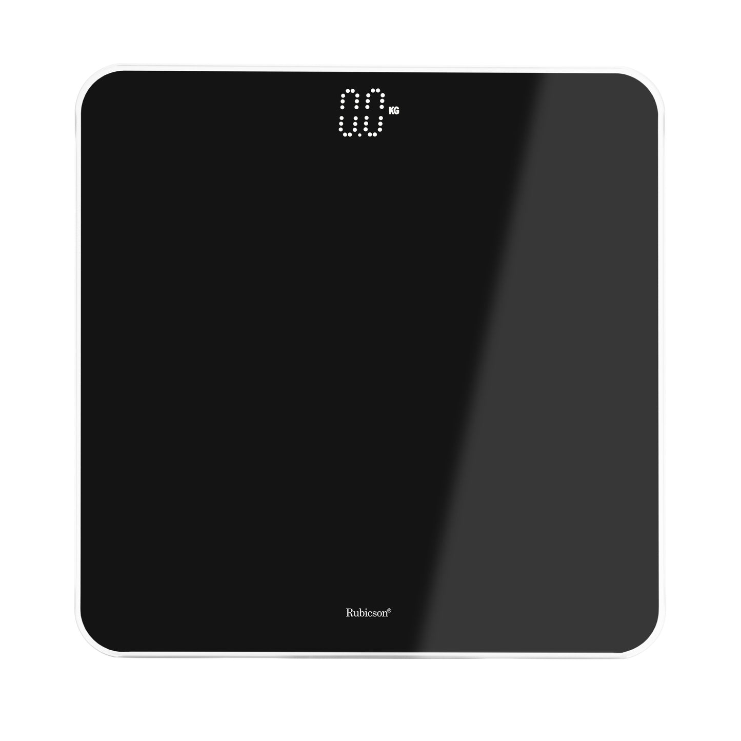 Rubicson digital personvægt med hærdet glas, afrundede kanter, LED-skærm viser 0,0 kg, Rubicson-logo nederst.