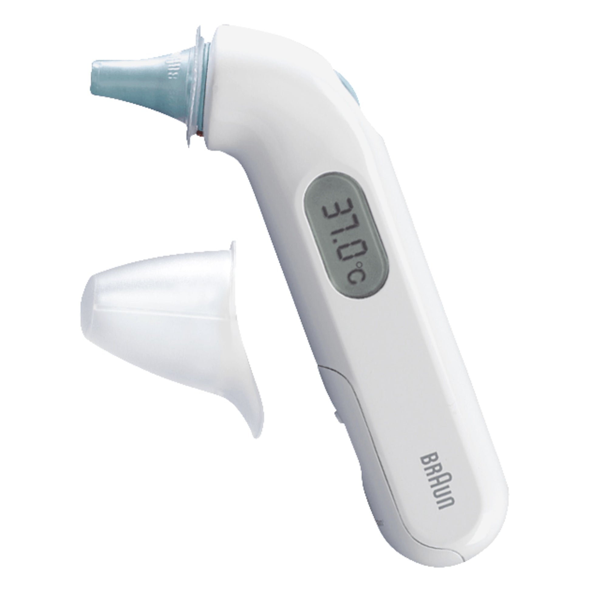 Braun Thermoscan 3 øretermometer hvid med digitalt display, viser 37,0°C, uden beskyttelseshætte.