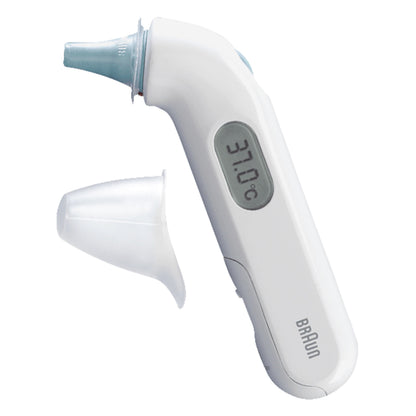 Braun Thermoscan 3 øretermometer hvid med digitalt display, viser 37,0°C, uden beskyttelseshætte.
