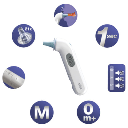 Braun Thermoscan 3 øretermometer med digitalt display 37,0°C, ikon til 21 linsefiltre, 1 sekunds måling og feberindikator.