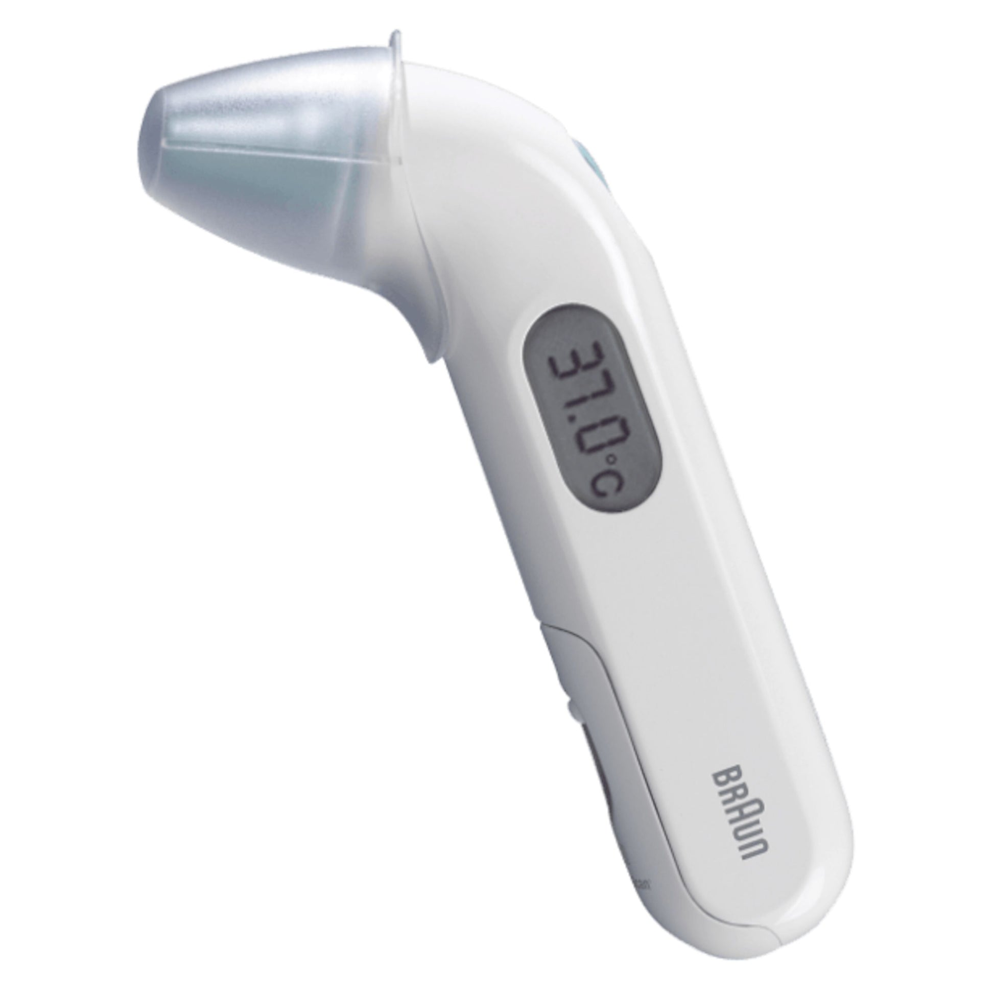 Braun Thermoscan 3 øretermometer viser 37,0°C, vippet mod højre, klar beskyttelseshætte på proben, Braun-logo på håndtaget.