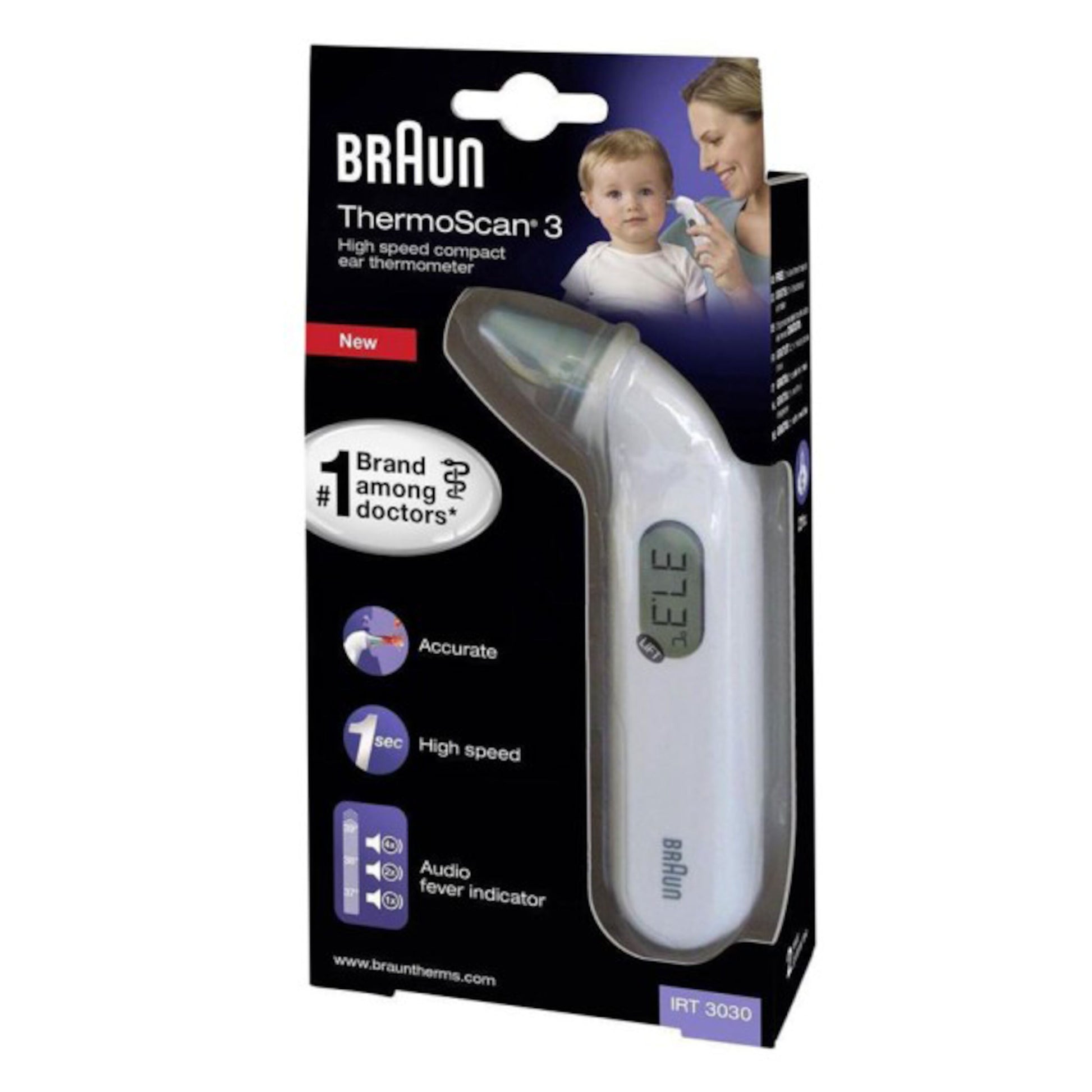 Braun Thermoscan 3 øretermometer i æske, billede af termometer og forælder der måler børns temperatur.