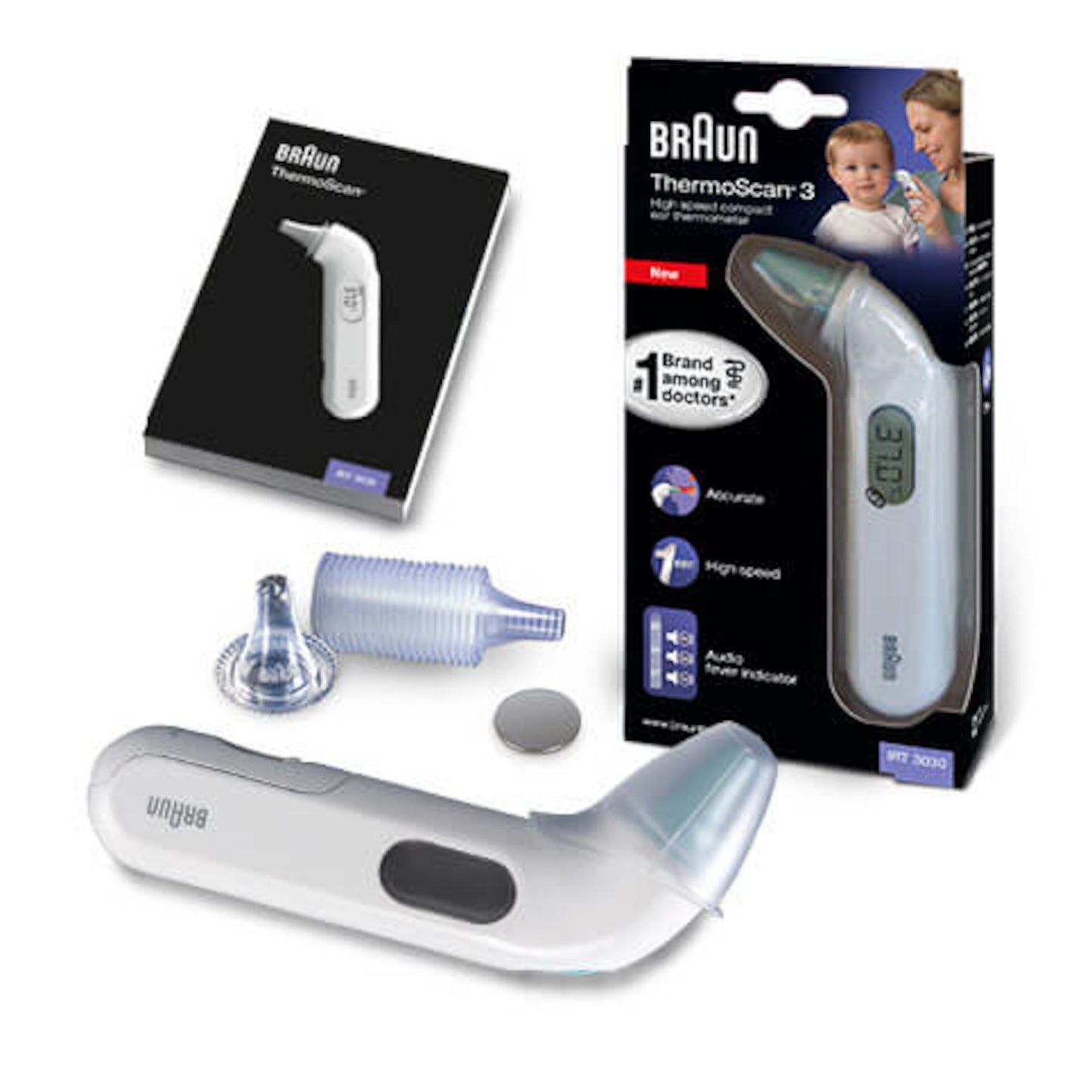 Braun Thermoscan 3 øretermometer med emballage, manual, linsefiltre og batteri.