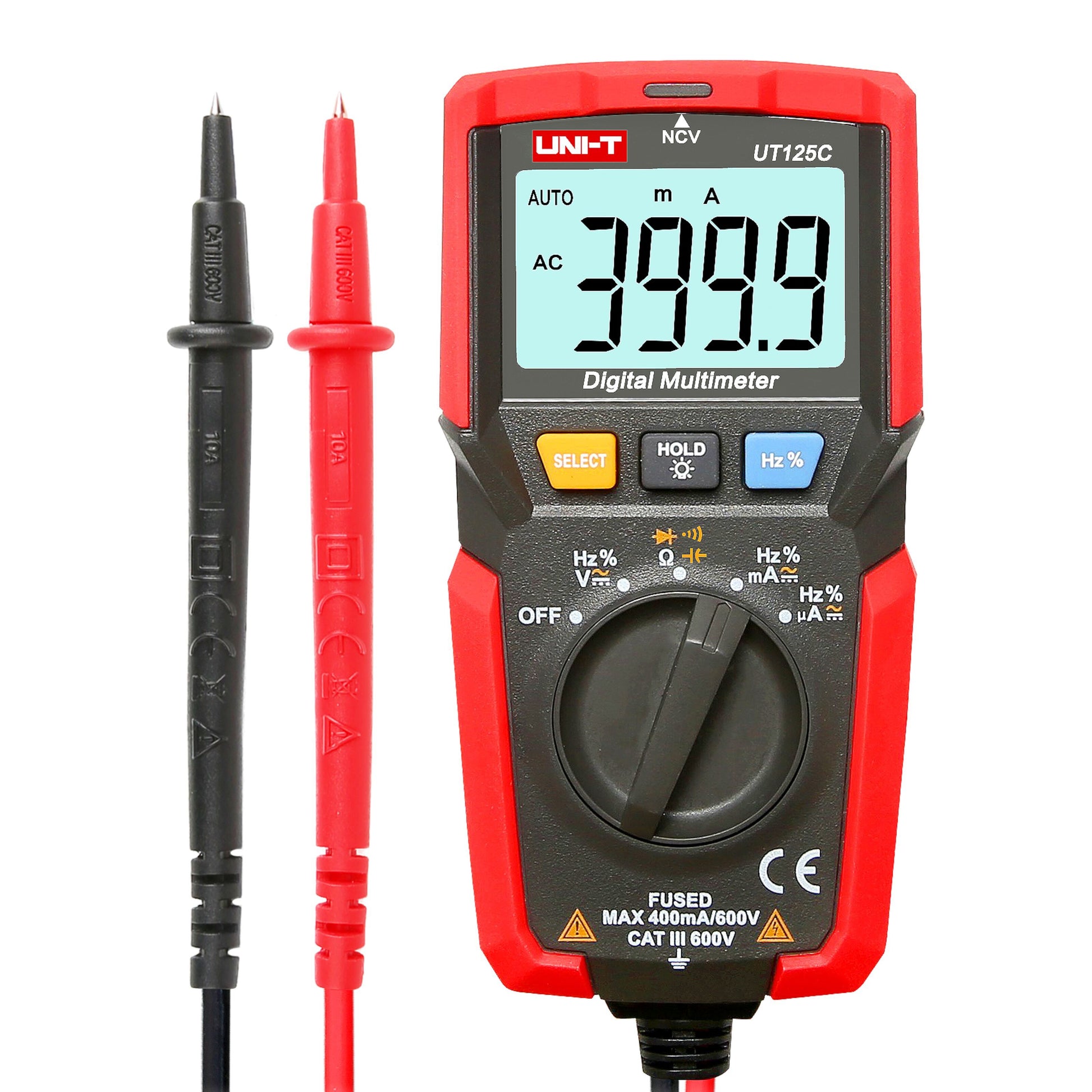 Uni-T UT125C multimeter rød, display 399.9, True RMS, flere knapper, drejeomskifter, røde/sorte testledninger.