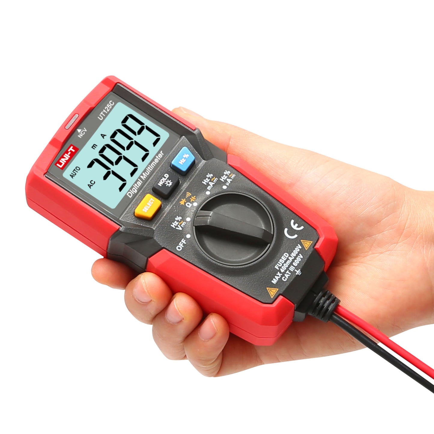 Uni-T UT125C multimeter, rød/sort, LCD viser 3999, måledrejeknap indstillet, testledninger tilsluttet nederst.
