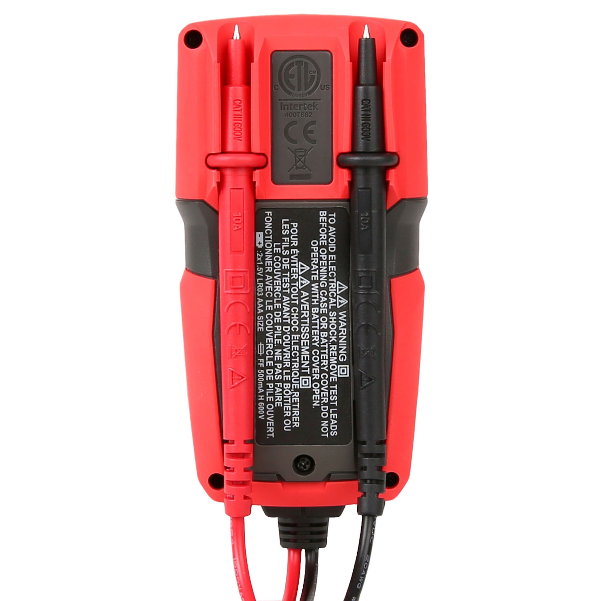Uni-T UT125C multimeter sæt bagfra med sorte og røde testledninger i holdere samt sikkerhedsinformation på sort label.