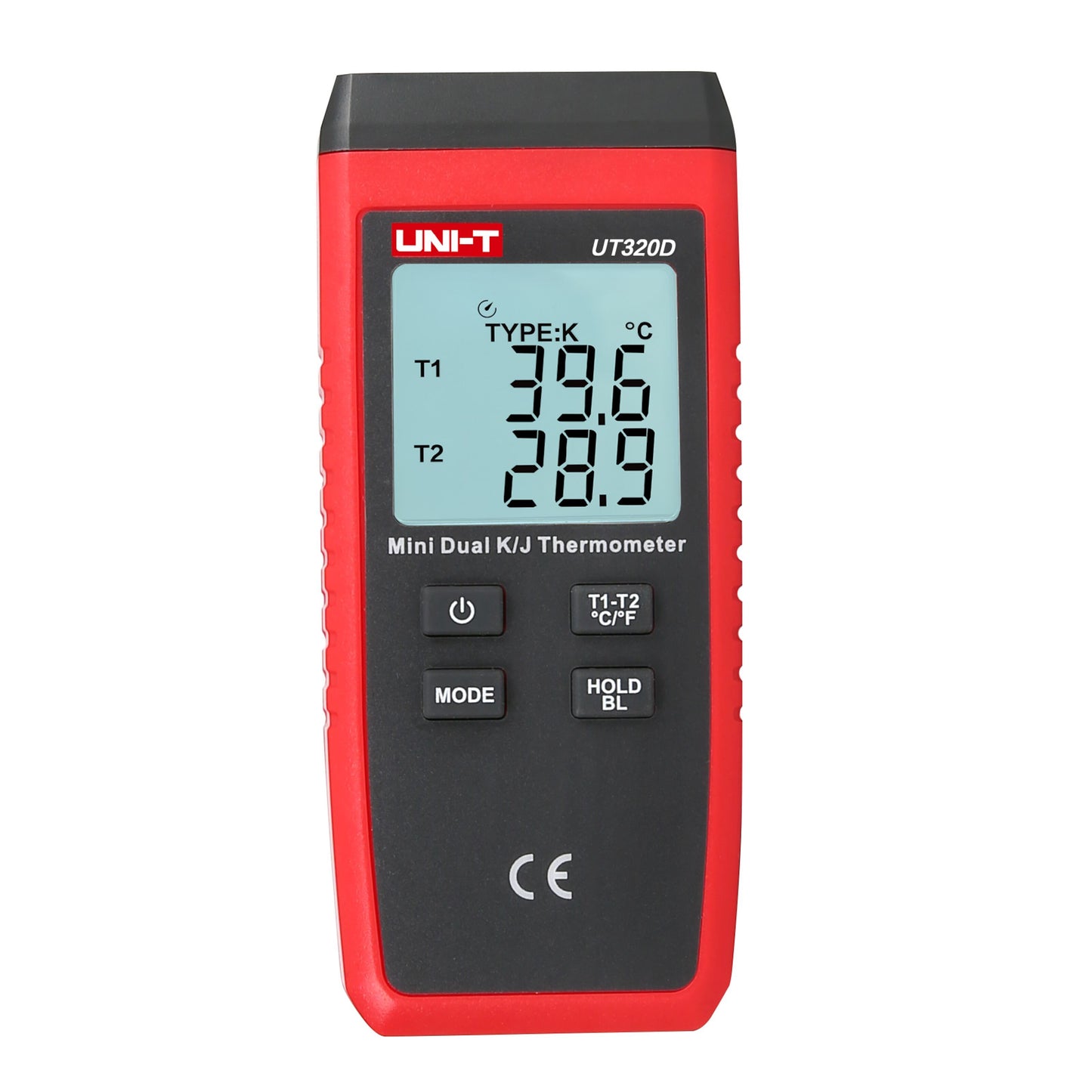 Uni-T UT320D kontakttermometer rød/sort med digitalt display viser 39,6°C og 28,9°C, flere knapper under skærm.