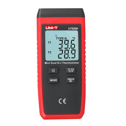 Uni-T UT320D kontakttermometer rød/sort med digitalt display viser 39,6°C og 28,9°C, flere knapper under skærm.