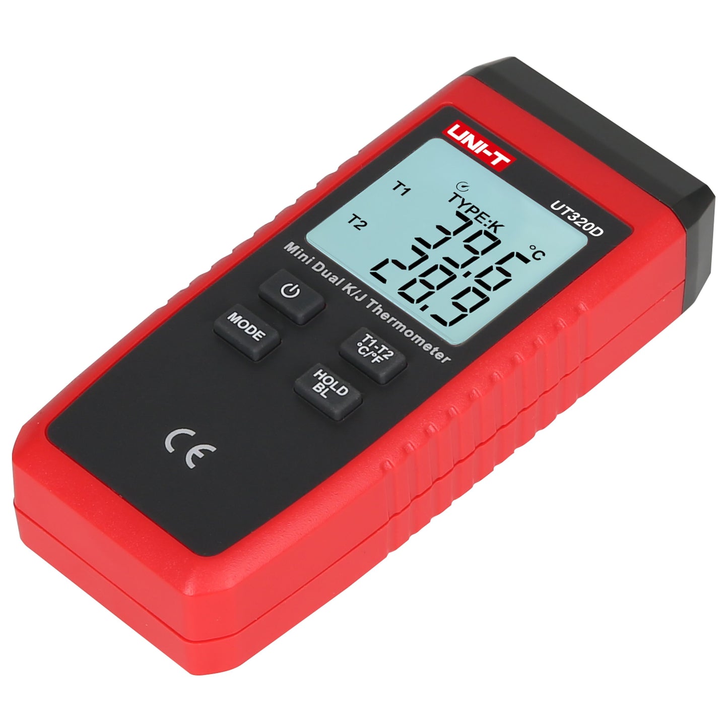 Uni-T UT320D digitalt kontakttermometer rød/sort, stort display, sorte knapper MODE/°C/°F/T1/T2/HOLD BL, K og J-probe kompatibel.