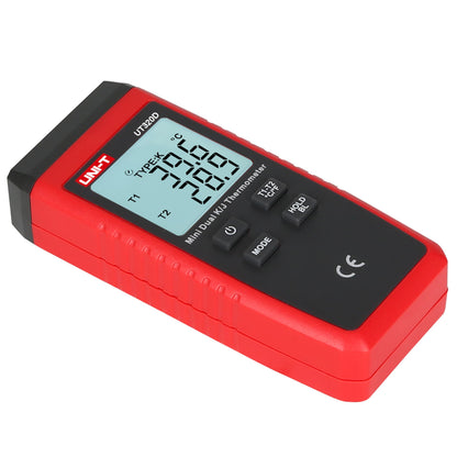 Uni-T UT320D kontakttermometer rød/sort med LCD Celsius-display, mode/hold/power-knapper til K- og J-prober.