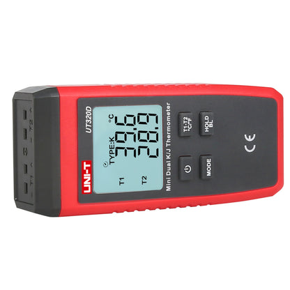 Uni-T UT320D kontakttermometer, håndholdt digital model i rød/sort med display, frontknapper og understøttelse af K- og J-prober.