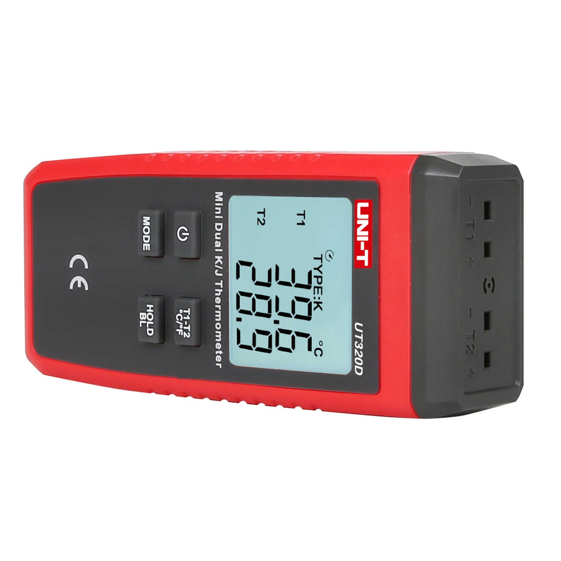 Uni-T UT320D kontakttermometer rød/sort med display for T1 33,9°C og T2 28,8°C, kontrolknapper, K- og J-probe support.