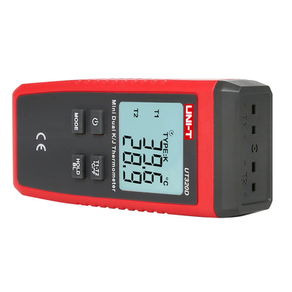 Uni-T UT320D kontakttermometer rød/sort med display for T1 33,9°C og T2 28,8°C, kontrolknapper, K- og J-probe support.