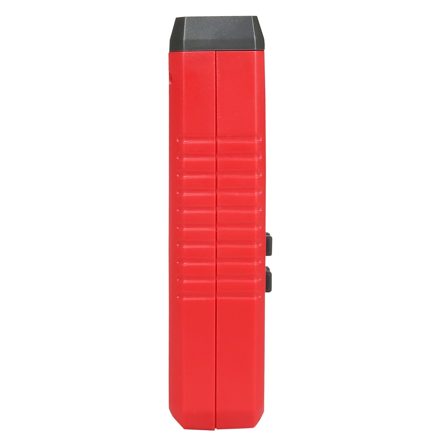 Uni-T UT320D kontakttermometer, rød rektangulær, sorteret top, tekstureret sidegreb, 2 slags knapper til K- og J-sonde.
