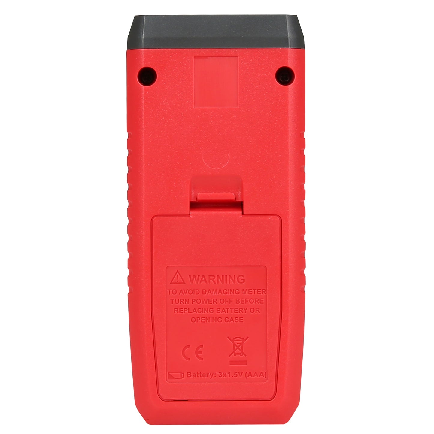 Uni-T UT320D kontakttermometer rød med grå top, set bagfra med batterirum og synligt advarselsmærkat om batteriskift.