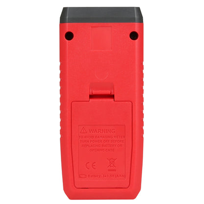 Uni-T UT320D kontakttermometer rød med grå top, set bagfra med batterirum og synligt advarselsmærkat om batteriskift.
