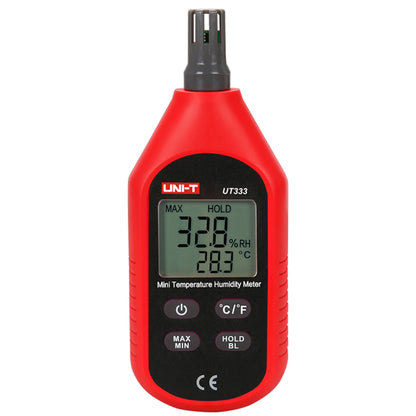 Uni-T UT333 termometer og luftfugtighedsmåler med digitalt display, knapper under skærm, sort sensor øverst, viser 28,3°C 32,8 RH.