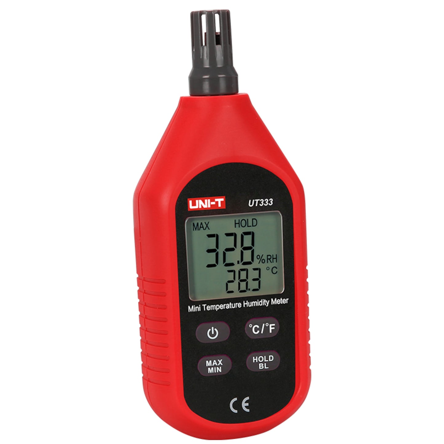 Uni-T UT333 termometer og luftfugtighedsmåler med sort display, viser 32,8 luftfugtighed og 28,3°C, kontrolknapper, sensor.