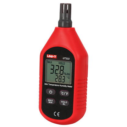 Uni-T UT333 digitalt termometer og luftfugtighedsmåler med display, viser 32,8 RH og 28,3°C.