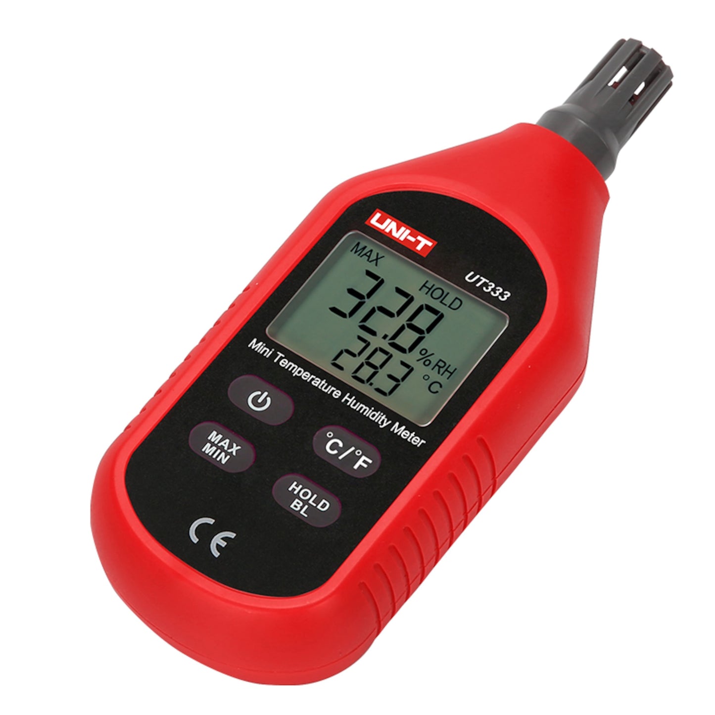 Uni-T UT333 rødt termometer og luftfugtighedsmåler, viser 20,3°C og 32,0, flere mærkede knapper under display.