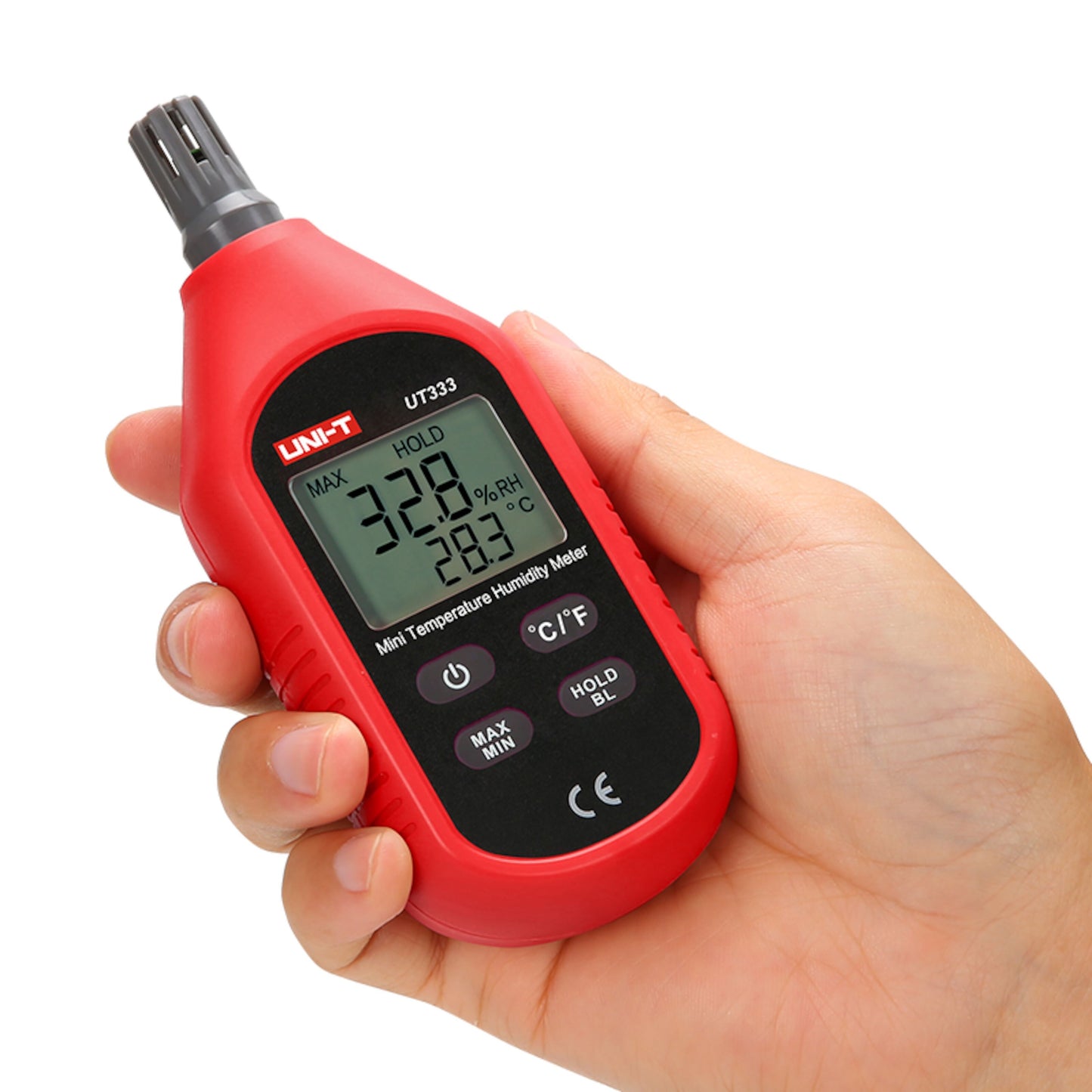Uni-T UT333 temperatur- og luftfugtighedsmåler viser 32,8 luftfugtighed og 28,3°C, flere knapper og sensor.