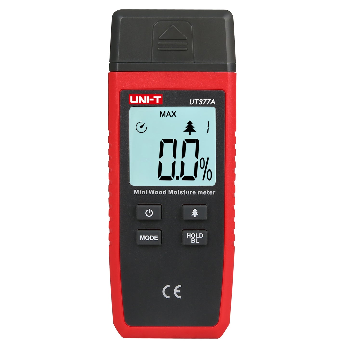 Uni-T UT377A fugtmåler rød/sort, digitalt display viser 0,0, MODE, HOLD BL og pileknapper under skærmen.