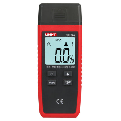 Uni-T UT377A fugtmåler rød/sort, digitalt display viser 0,0, MODE, HOLD BL og pileknapper under skærmen.
